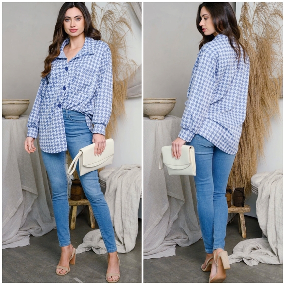 IF SHE LOVES Vintage Retro Chic Blue Houndstooth Oversized Top - Picture 2 of 7